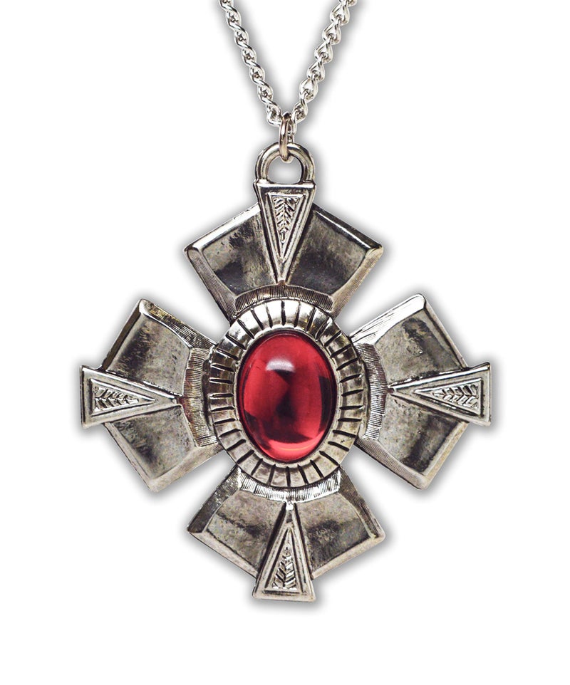 Real Metal Medallion with Red Cabochon Medieval Renaissance Silver Finish Pendant Necklace - Image 1